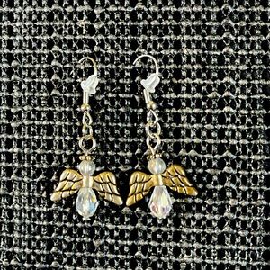 PIERCED EARRINGS; cleared angels with silver wings